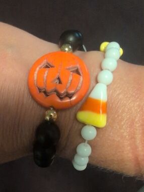 Halloween Pumpkin and Candy Corn Beaded Bracelet Set